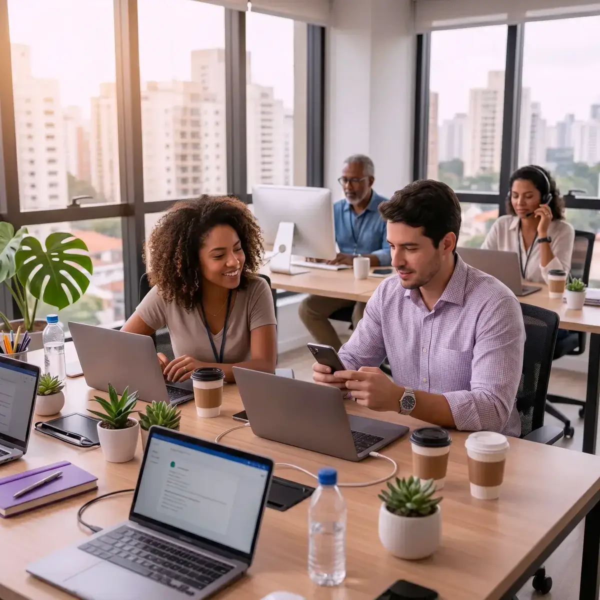 Equipe corporativa utilizando o Peano Corp para gerenciar despesas